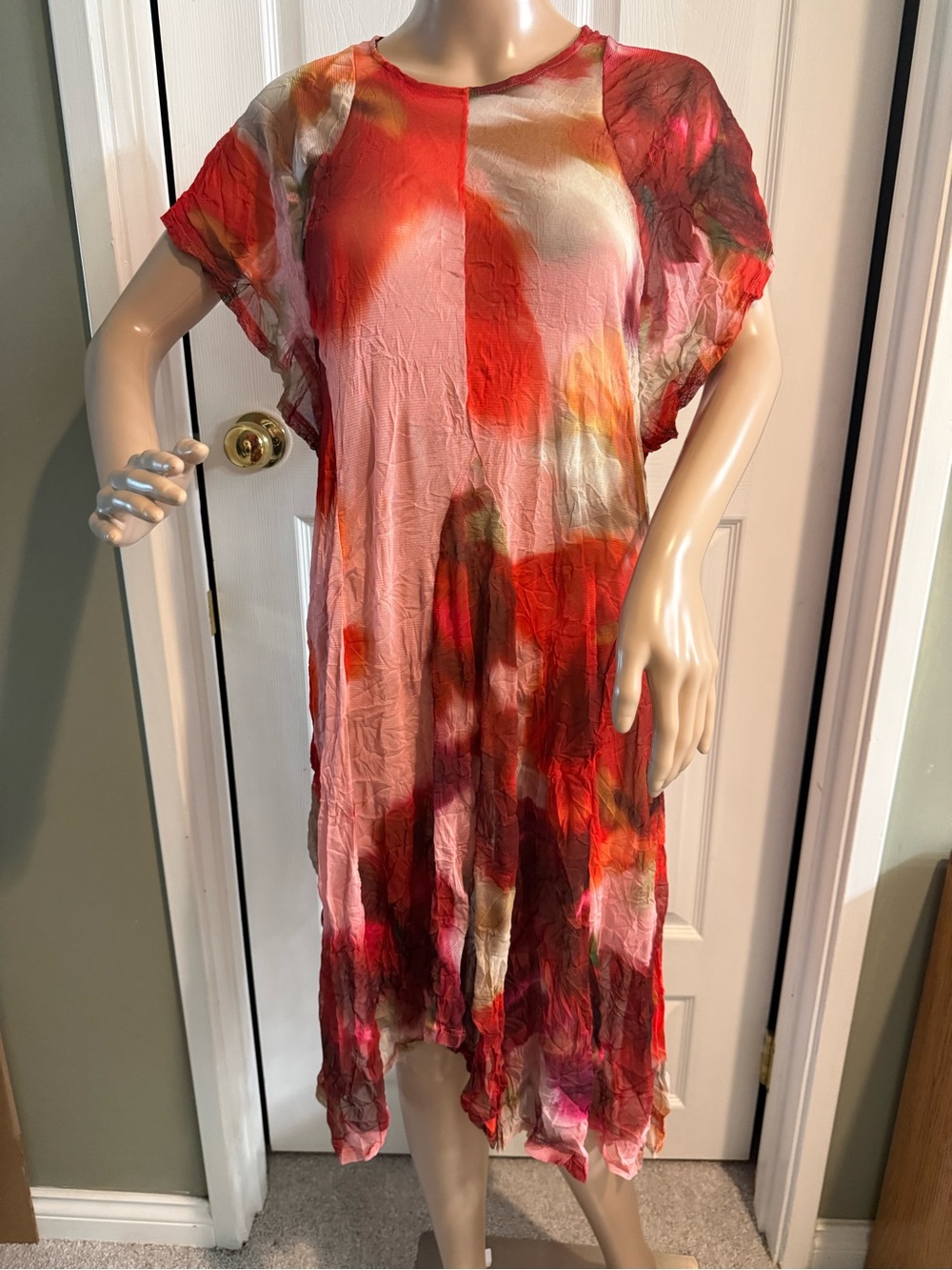 Lisa Bayne Mesh Crinkle Colorful Rainbow Sheer Boho Dress Size S Art To Wear